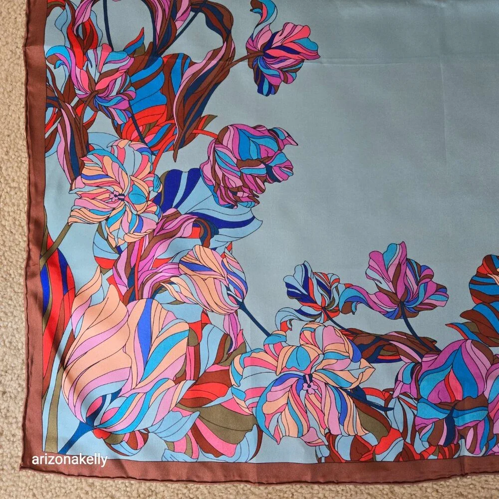 Eleganzza Silk Twill Scarf Floral Hand Rolled Edges